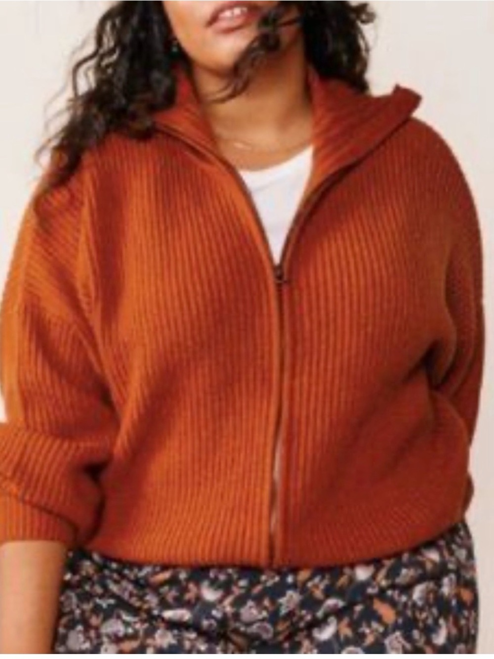 Able Rust Zip-Front Ribbed Hoodie Cardigan